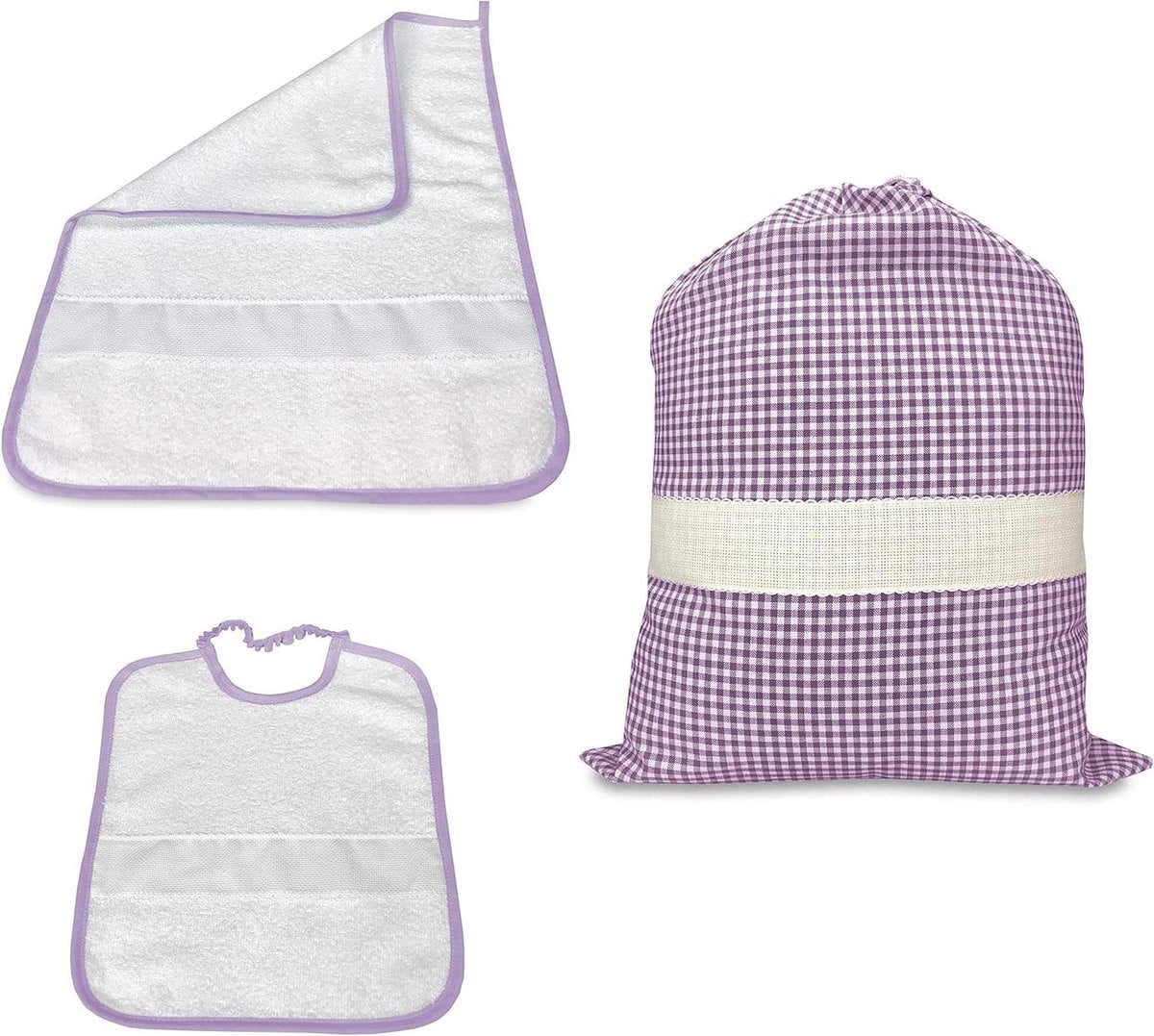 Kleuterschoolset met handdoek en slabbetje voor de kinderopvang met Aida-stof voor naam borduren
