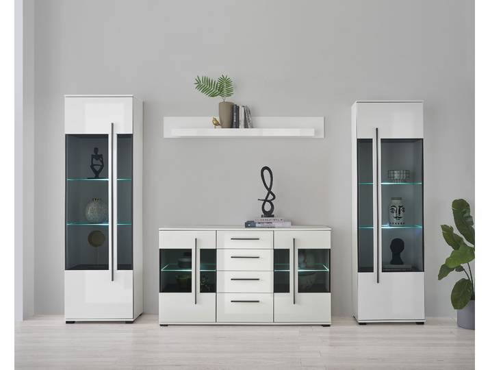Wohnwand HOME AFFAIRE Cantara, Anbauwand, Wohnzimmer-Set, in Eiche Evoke, Weiss oder Kaschmir , weiss (weiß), B:290cm H:200cm T:42cm, Holzwerkstoff, Kastenmöbel-Sets, Wohnwand, enthält zwei Vitrinen, ein Sideboard und ein Wandboard