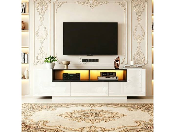 Meuble TV blanc moderne 180 cm avec LED - meuble télévision de salon design avec tiroirs et portes L meuble télévision