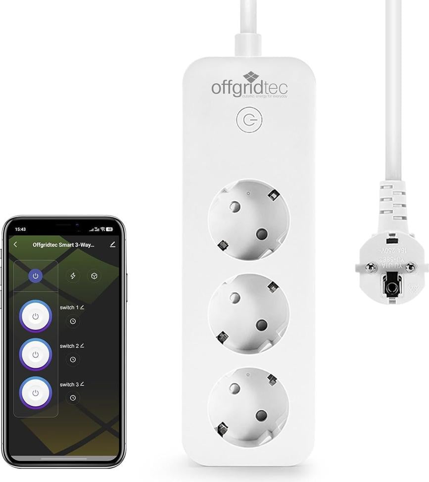 Offgridtec slimme stekkerdoos met 3 stopcontacten, compatibel met Smart Life en Tuya-app, 1,8 meter kabel