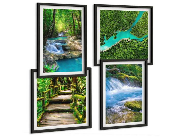Tulup Bilder SET 4er Set - 50x50 cm & 40x60 cm Schwarzer Rahmen - Grüne Wälder, kristallklares Wasser, Kunststoff, Rechteckig, 50x50 cm, einfache und schnelle Anbringung, Bilder & Rahmen, Bilder