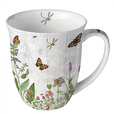 Ambiente Tasse 10cm Porzellan mit Blumen Gräser Insekten Motiv - 0,4L Keramiktasse Porzellangeschirr Kaffeetasse Teetasse Kakaotasse Frühling Sommer Grau Grün