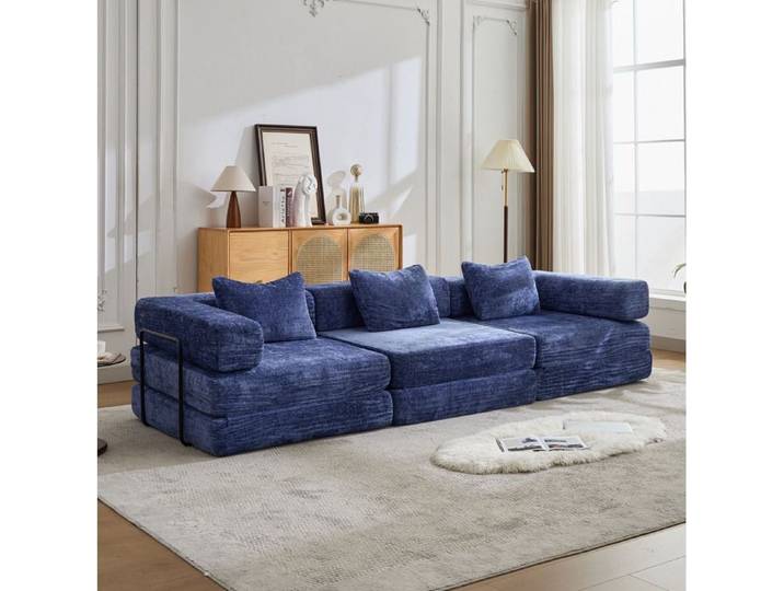 VUENOR Canapé convertible 300x100x63 cm bleu foncé – 3 places modulable en tissu chenille sans montage