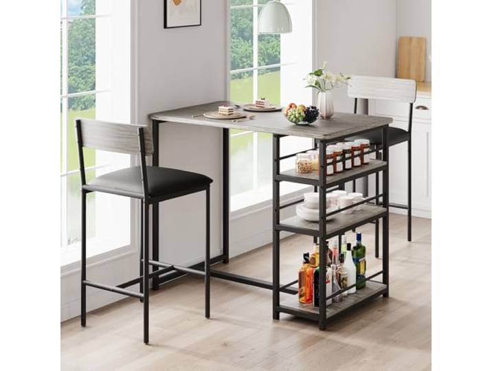 Crevyteg Bartisch mit Barhocker Set, Esstisch Set für 2 Personen mit 3 Ablageflächen, Gepolsterte Barstühle, Platzsparendes Küchentisch Set für Kleine Räume, Küche, Wohnung, Frühstückstheke, Grau