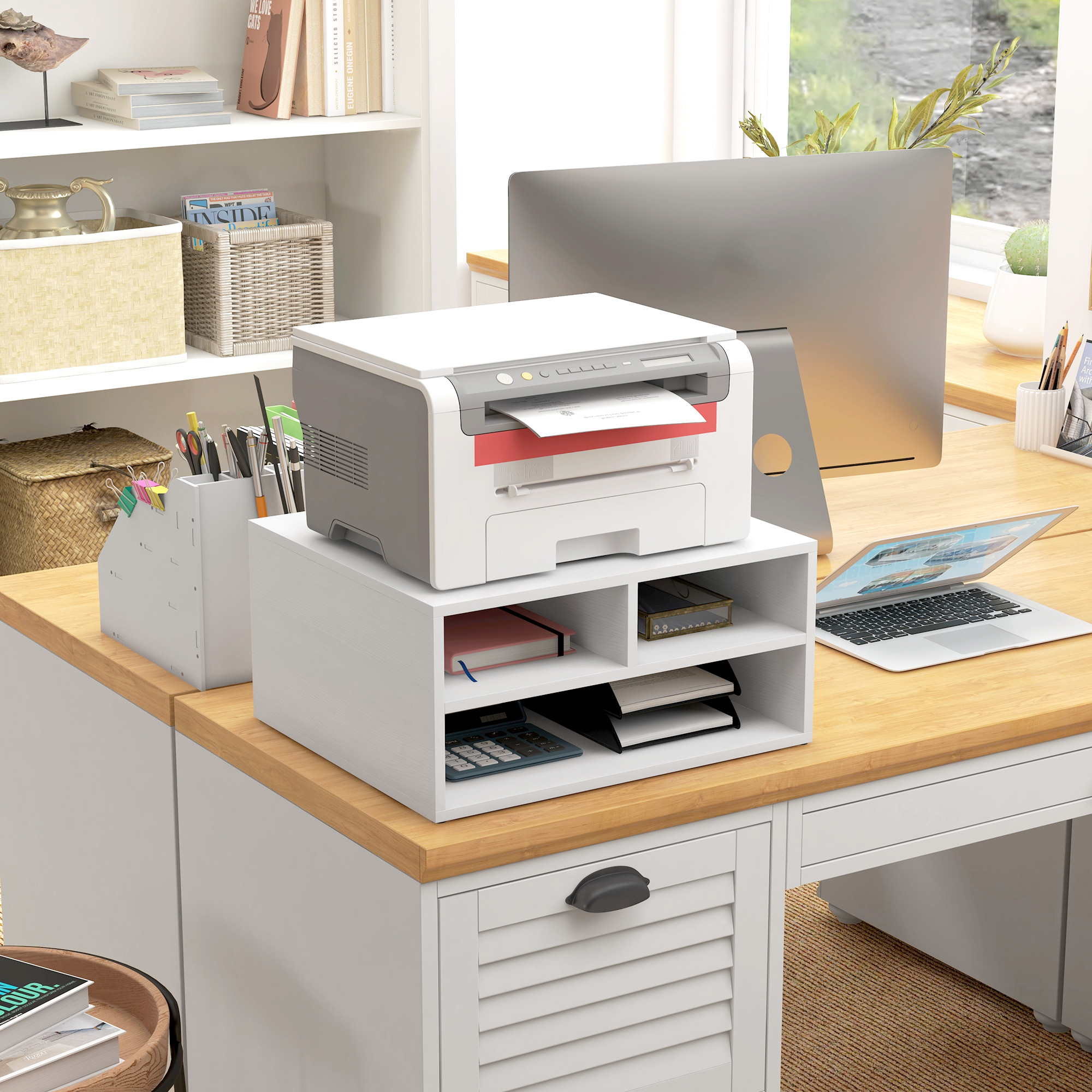 Homcom Mobile Porta Stampante da Ufficio con 3 Ripiani Aperti a 2 Livelli, 47x40x22.5 cm, Bianco   Aosom Italy