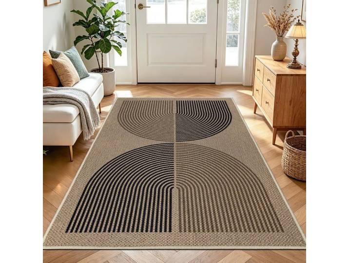 Tapis Salon 120x180cm Aspect Jute Tapis de Cuisine Naturellement Lavable Tapis Noir Brun Antidérapant Tapis