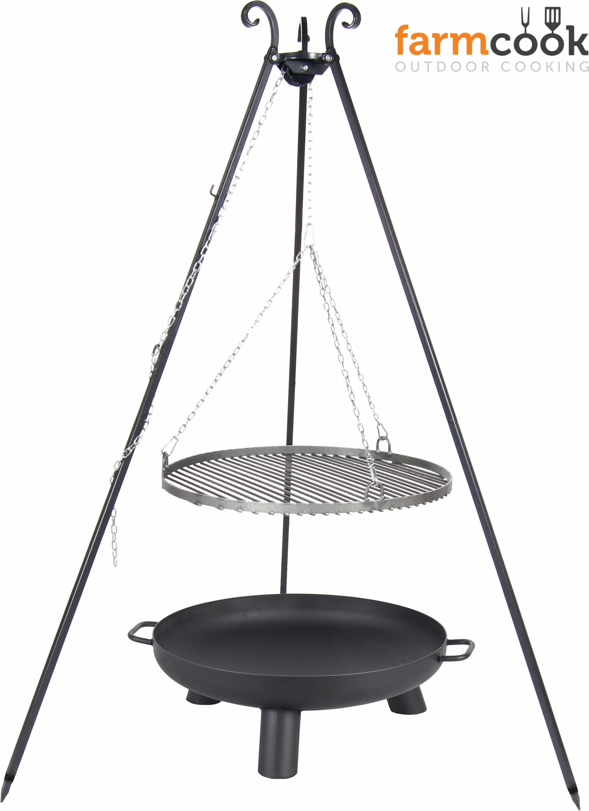 Farmcook E00712 Schwenkgrill mit Dreibein VIKING (Rost aus Rohstahl+Dreibein+Feuerschale Pan 37) ; Rost (Durchmesser): 50cm ; Feuerschale (Durchmesser): 60cm ; Höhe: 180cm