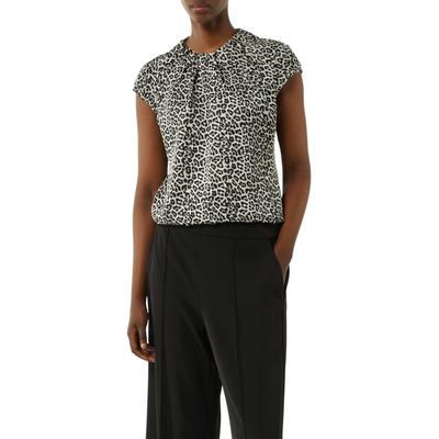 Kurzarmbluse COMMA, Damen, Gr. 36, braun (braun beige), Web, Obermaterial: 95% Polyester, 5% Elasthan, regular fit normal, Rundhals, offene Nähte, Blusen, mit Raffung und Animal-Print