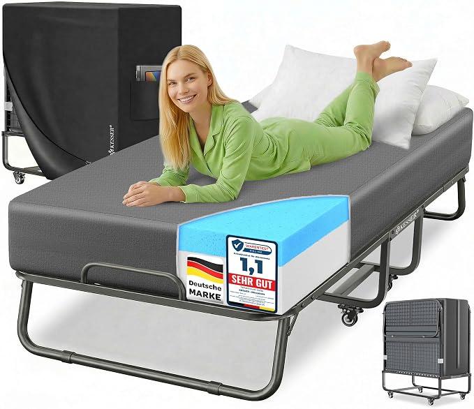 Klappbett 200x90cm Gästebett inkl. Matratze aus Memory-Schaum & Rollen | faltbares Reisebett mit Metallrahmen für Erwachsene belastbar bis 250kg | Metallbett mit Schaumstoffmatratze & Cover