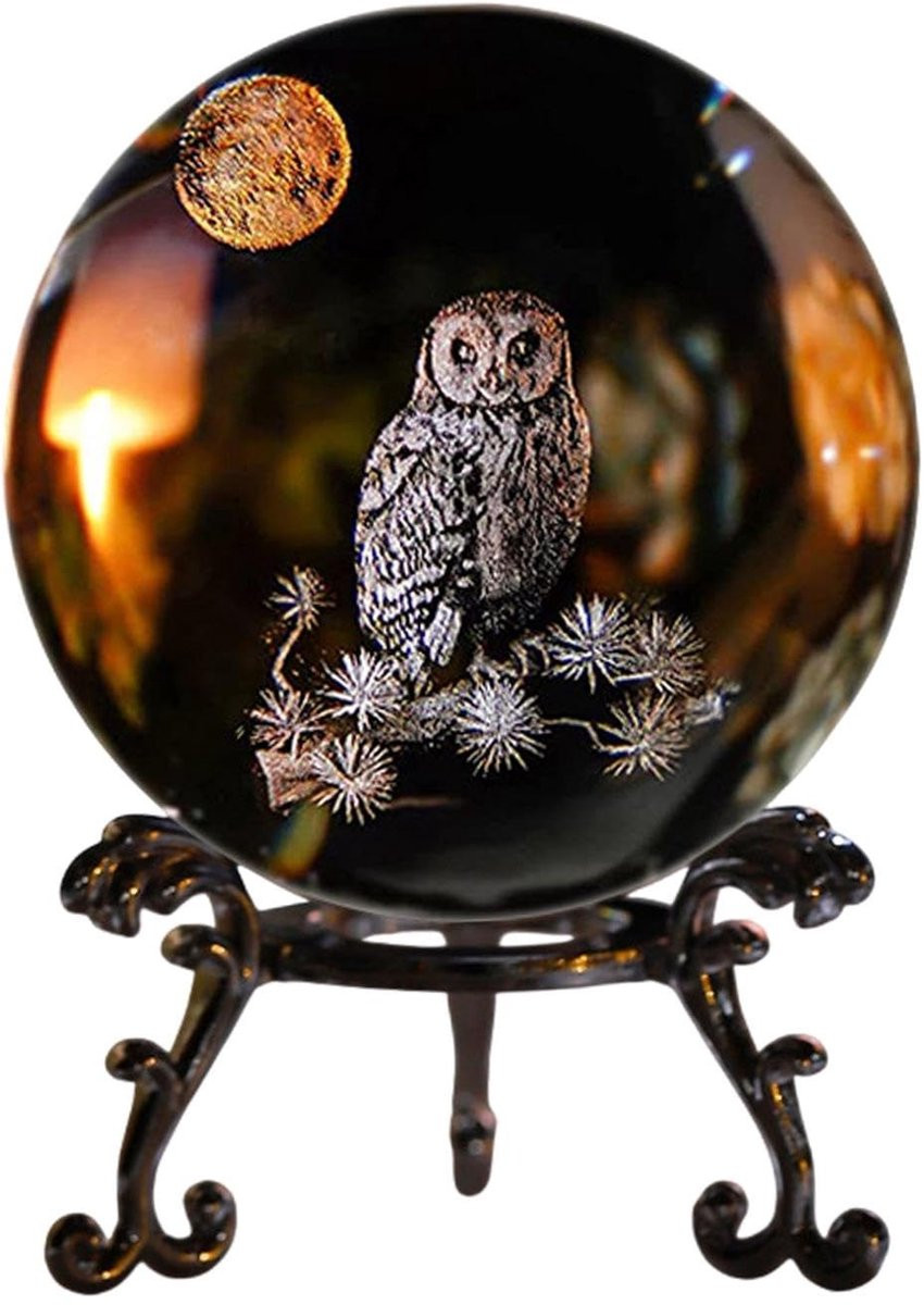 Dailygoods Kristallen Bol met 3D Laser Uil - Decoratieve Glas Ornament voor op Tafel