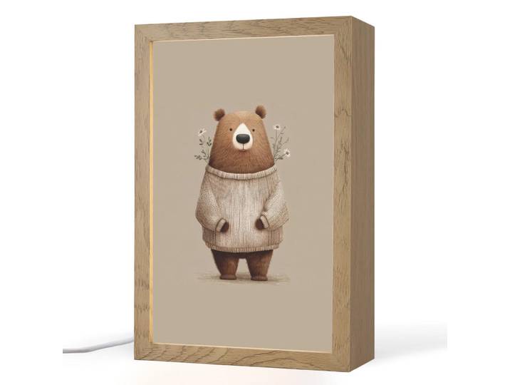 OnlyWow Nachttischlampe - Bär - Weiße Blumen - Gemütlich - 20x30 cm, Taupe, Holzwerkstoff, Rechteckig, LED integriert, 20x30x8 cm, Lampen & Leuchten, Innenbeleuchtung, Nachtlicht