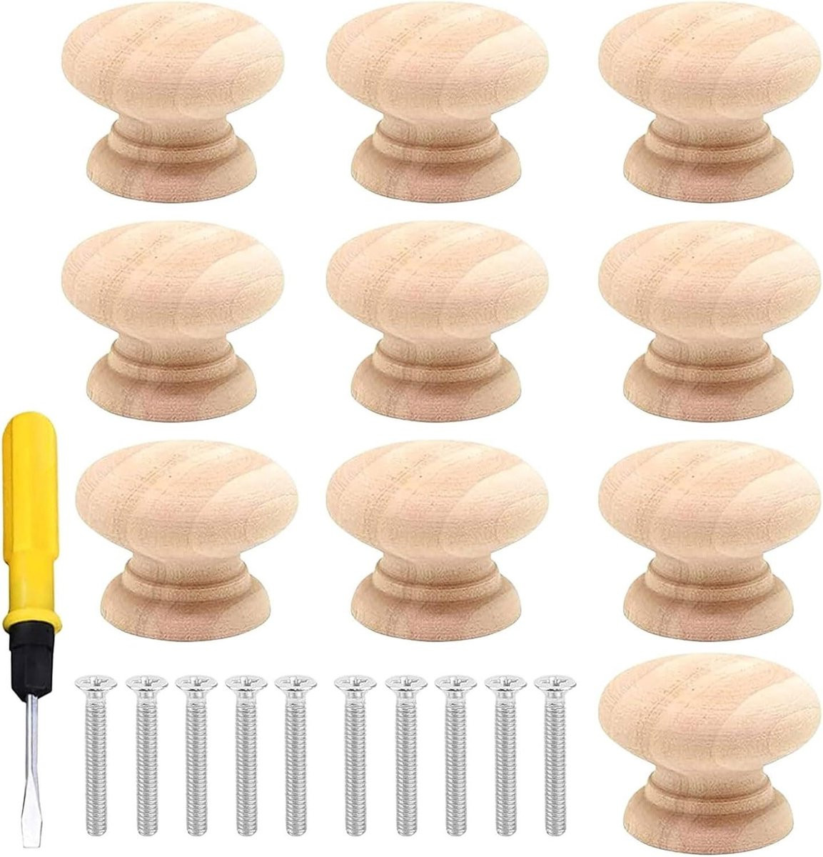 Set van 10 houten meubelknoppen en kastgrepen inclusief schroevendraaier - Houtkleur