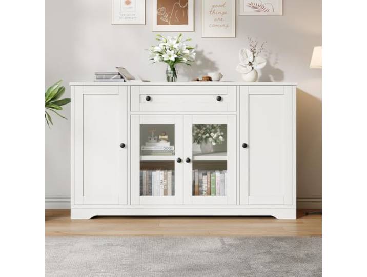 VILUXE Sideboard 138 cm mit 4 Türen 1 Schublade & Glas Weiß Modernes Sideboard mit 4 Türen, 2 Glastüren, 1 Schublade und 6 Staufächern, für Wohnzimmer, Esszimmer und Flur