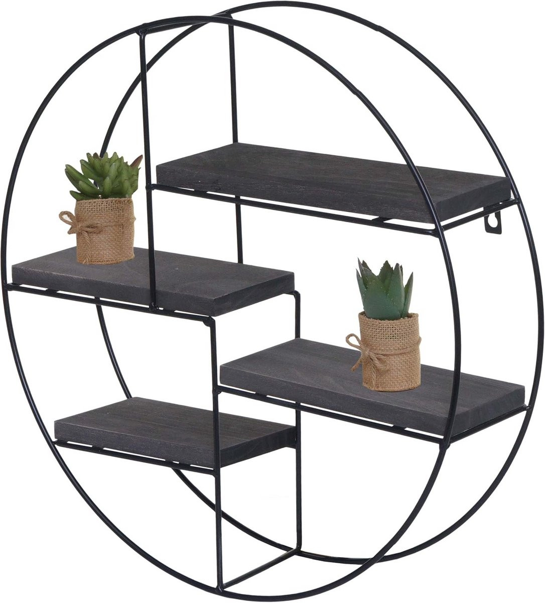 Zwevend Wandrek Industrieel Design met 4 Houten Planken en Donkergrijs Metaalframe