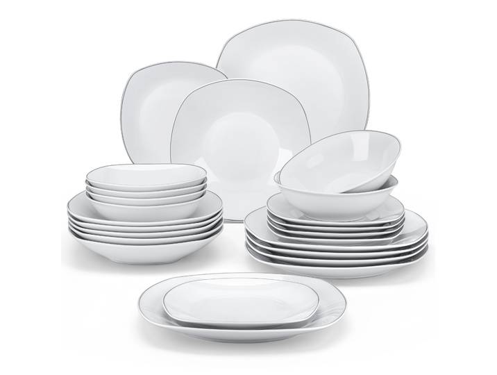 Service de table en porcelaine blanche MALACASA 24/48 pièces avec bordure argentée, comprenant 6 assiettes plates, 6 assiettes à dessert, 6 bols à soupe et 6 bols à céréales.