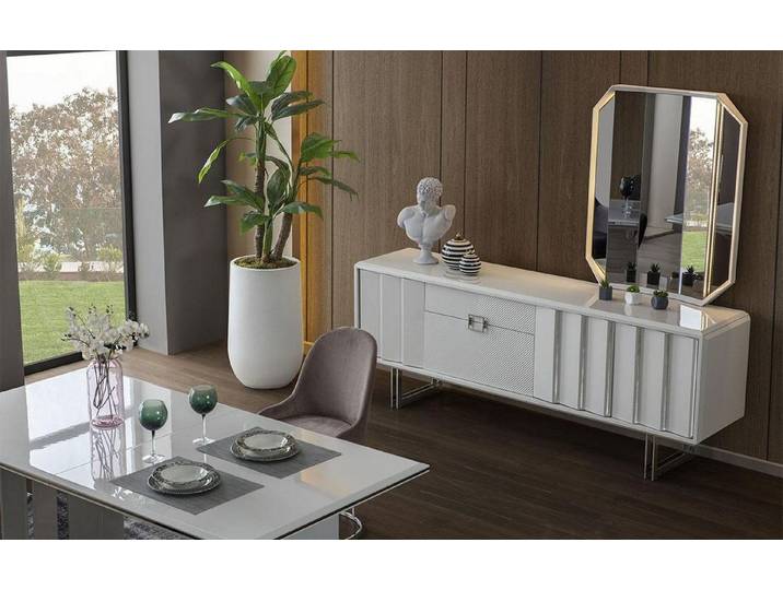 Xlmoebel Sideboard Hochglanz Kommode in Weiß mit Spiegel und Metallfüßen (Sideboard mit Spiegel, 2tlg.Esszimmer Set(Sideboard+Spiegel), Hergestellt in Europa