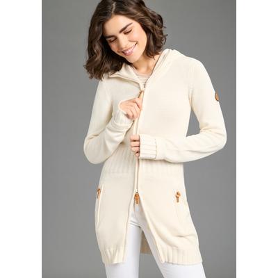 Kapuzenstrickjacke KANGAROOS, Damen, Gr. 40/42, natur, Strick, Obermaterial: 50% Baumwolle, 50% Polyacryl, figurbetont Po-bedeckend, Rippstrickbündchen, Strickjacken, figurbetonte Passform, po-bedeckende Länge, mit 2-Wege-Reißverschluss