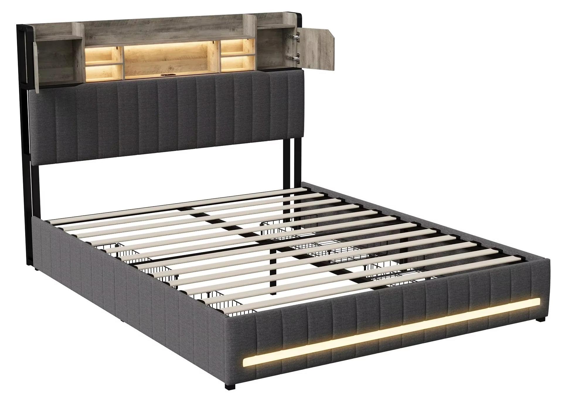 Doppelbett - Bettgestell mit Stauraum - Kopfteil mit Stauraum - Holz - Hanfbezug - 140x200 cm - Grau