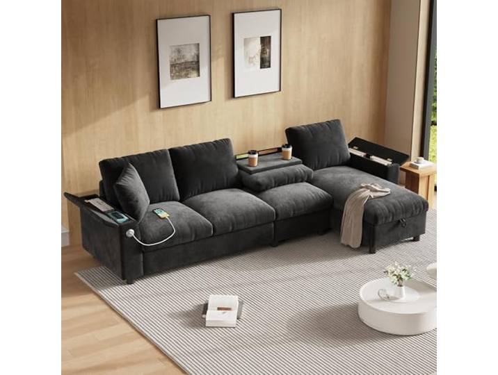 Chenille-Stoffsofa, L-förmige Ecke und zwei Armlehnen mit Stauraum. Ausklappbarer Couchtisch mit zwei Getränkehaltern, 1 USB und 1 Typ-C. L-förmiger Teil kann links oder rechts platziert werden. grau