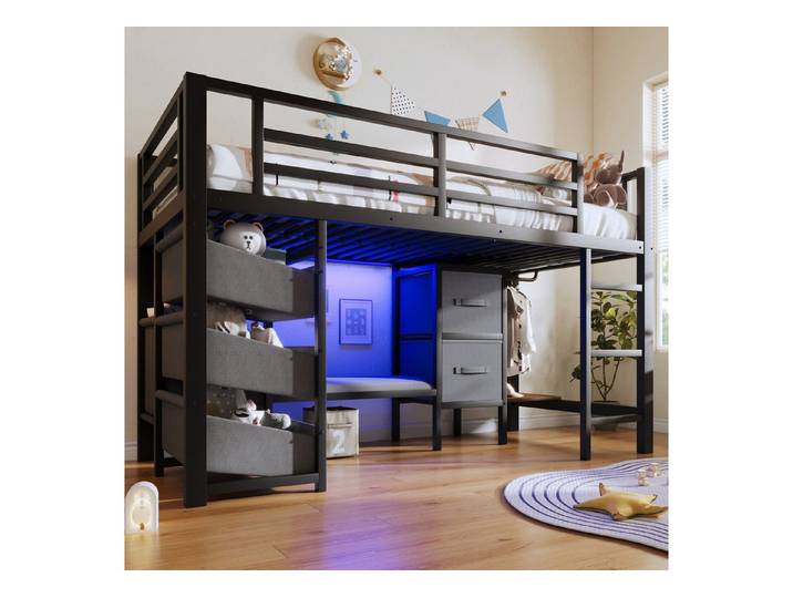 STILVORA Kinderbett 90×200 Kinderbett mit LED-Beleuchtung Jungendbett mit Sitzkissen (mit Sitzkissen, Stoffschublade und LED-Beleuchtung – Metallrahmen, Aufhängebereich, 90x200 cm), ohne Matratze