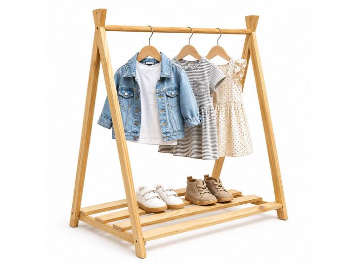Relaxdays Kinderkleiderständer Natur Kiefernholz ohne Regal 111,5 cm, Hellbraun, Holz, 112x111.5x48 cm, Garderobe, Garderobenständer