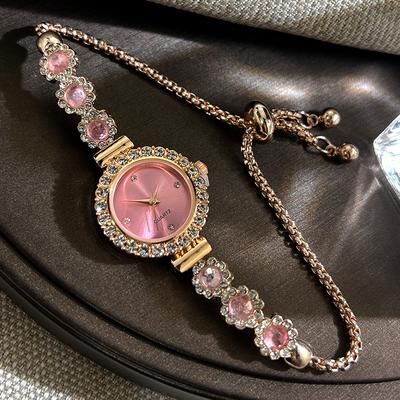 Trendy Discount Goods Fashion Style Quartz Watch For Women, Color Imitation Gemstone, Pullable Bracelet Girls Gift Stylish Wristwatch red