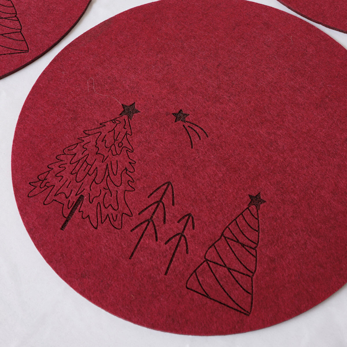 Set of 4 Dark Red Round Felt Placemats with Tree Detail Felt