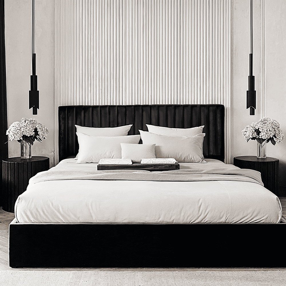 Harriet Low Black Velvet Channelled Ottoman Bed, Double