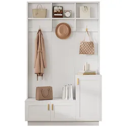 Garderoben-Set mit Bank und Schuhablage 120x40x200, 3 Haken, Offenes Ablagefach, Verstellbarer Einlegeboden, Weiß
