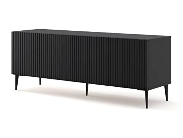 BIM Furniture TV-Schrank Ravenna B 150 cm 3D mit gefräster Front Hochwertiges MDF Metallbeine Lowboard Schrank Sideboard Kommode Fernsehtisch (Schwarze Matte, Schwarze Beine)