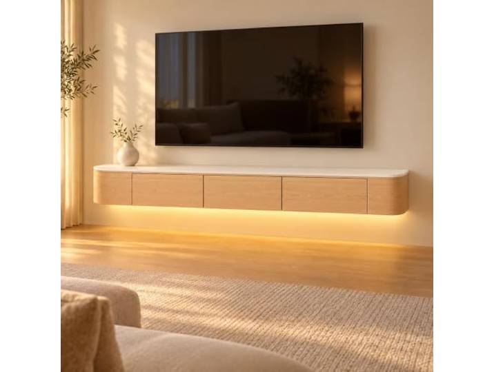 PQXQZ TV Wandboard aus Massivem Kautschukholz, Schwebendes TV Möbel Massivholz, Grifflose Ausführung, 2 Tischplattenoptionen(White,160x30x20cm)