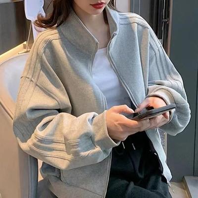 Rare Purchases Women's Short Sweatshirt Jacket, Versatile Loose Fit Casual Style, Three Stripe Autumn Winter Jacket xl gray