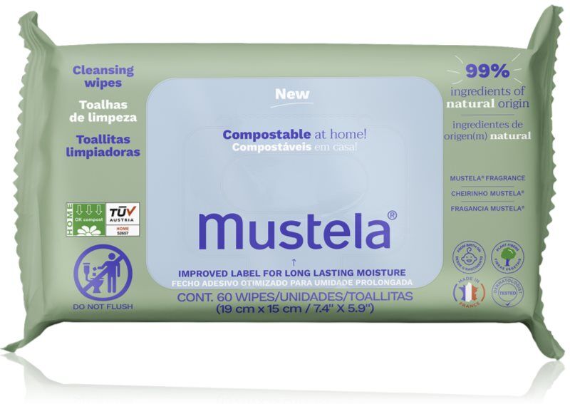Mustela Compostable at Home Cleansing Wipes lingettes nettoyantes avec parfum pour bébé 60 pcs