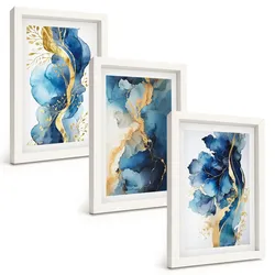 BILDER SET 3er Set - 20x30 cm Weißer Rahmen - Blaue abstrakte Muster