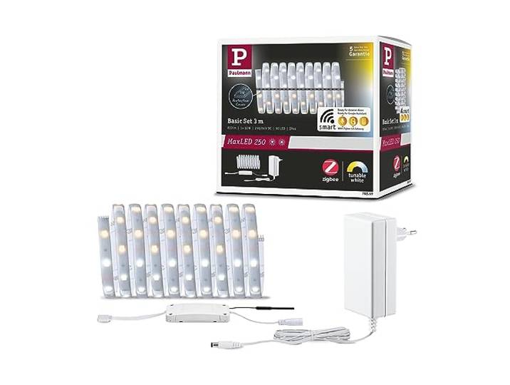 Paulmann 78869 Strip LED MaxLED 250 kit de base Smart Home Zigbee Tunable White 3m IP44 12W 230/24V 810lm Argent LED bandelumin. protect° aspersions