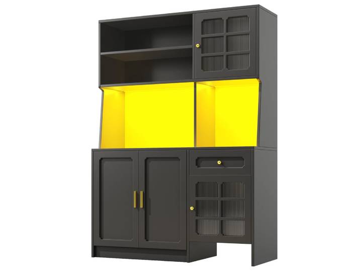 Buffet haut noir en MDF avec portes vitrées, LED