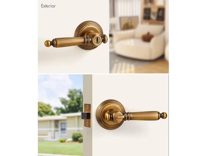 Poignée de porte extérieure jaune bronze antique avec serrure, poignée de porte rétro pour chambre, en alliage de zinc