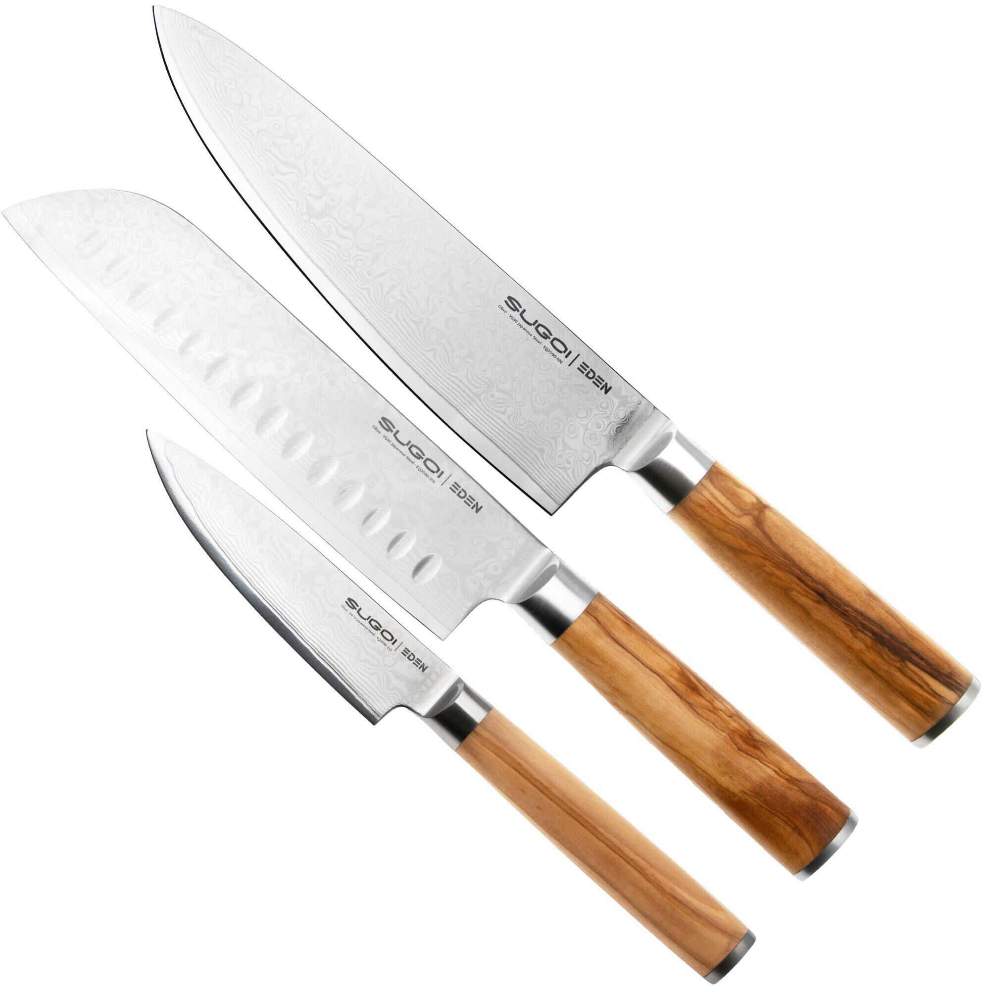 Eden kitchen knives 3-częściowy zestaw Eden Sugoi Olive nóż szefa kuchni, nóż santoku i nóż do krojenia warzyw