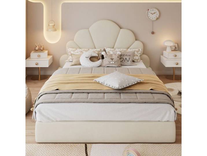 Lit double rembourré tête de lit avec pétales incurvés simple élégant et confortable cadre de lit moderne velours Beige 140x200cm