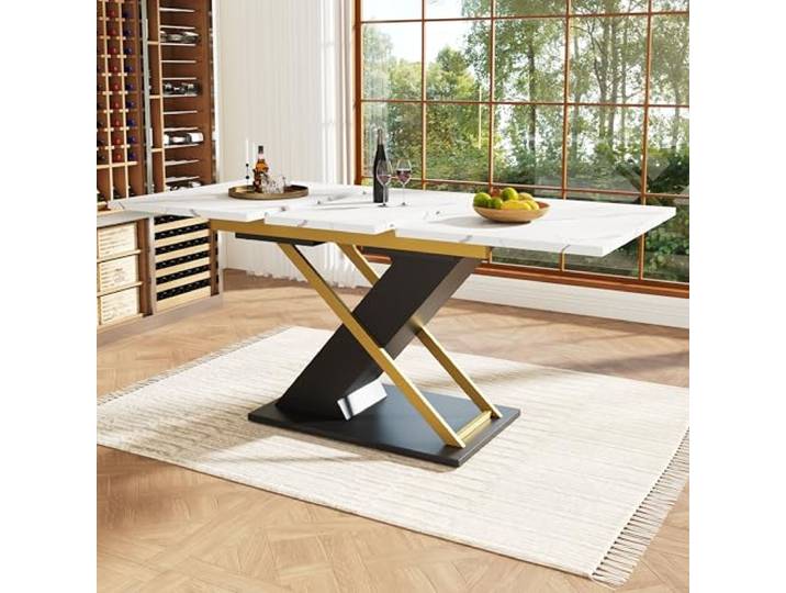 boorbin Esstisch Ausziehtisch (120-160×80cm), Küchen-Wohnzimmertisch, Ausziehtisch, mit Hilfe von innenliegender Einlegeplatte auf 160-200cm ausziehbar (Weiß+Gold, 120-160×80×75.4cm)