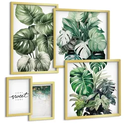 BILDER SET 5er Set - 50x50 cm & 20x30 cm & 40x60 cm Goldrahmen - Sweet Home Green Plants