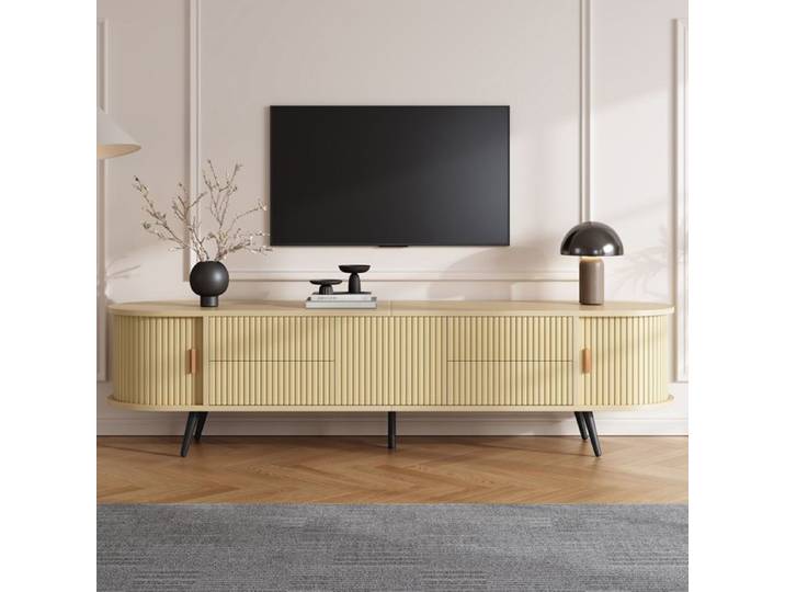 Meuble TV ovale 180x40x45 cm bois rayures verticales 4 tiroirs porte coulissante meuble bas salon jusqu'à 80 pouces