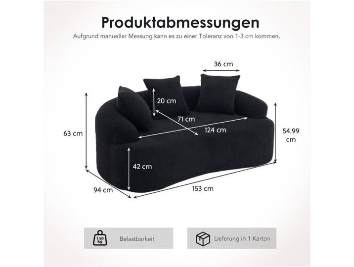MEUBLIV Canapé deux places courbé en chenille noire style contemporain 3 coussins déco sans montage