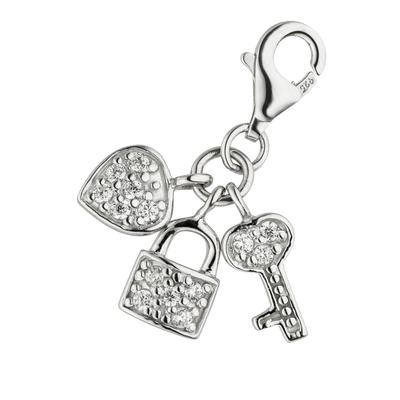 Charm-Einhänger JOBO "Charm Schloss mit Schlüssel", silber (silber 925), Charms, Damen, Silber 925 (Sterlingsilber), 925 Silber rhodiniert mit 14 Zirkonia