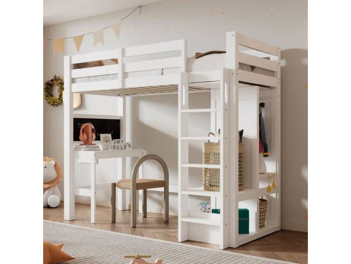 Lit mezzanine - SOGEU - 90x200 - Pin massif - Bureau intégré - Sommier inclus