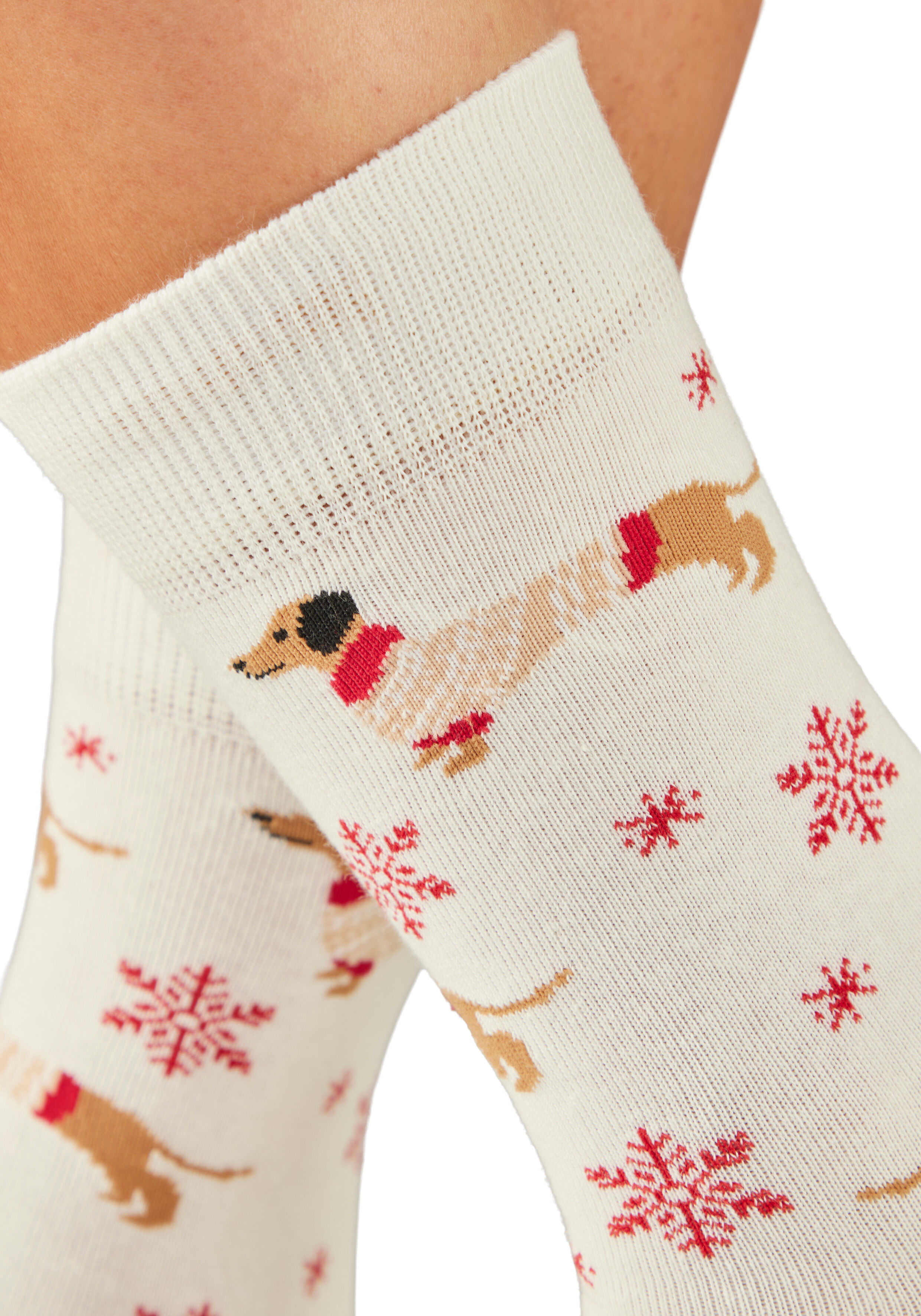 Freizeitsocken LASCANA "Damen Weihnachtssocken Dackel", Damen, Gr. 35-38, 1x rot, 1x ecru, Baumwollmischung, elastisch, Socken Freizeitsocken, mit festlichen Dackelmotiven 1x rot, 1x ecru 35-38