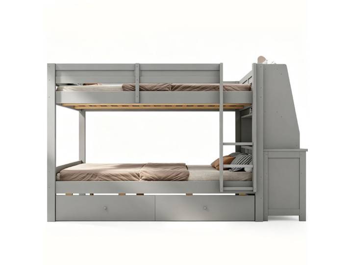 Lit superposé 140 x 200 cm en bois gris avec bureau intégré armoire latérale modulable étagères et 2 tiroirs