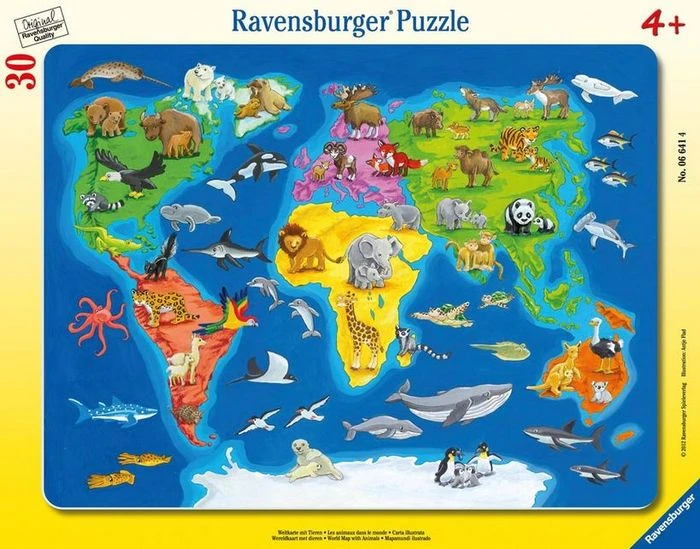 Ravensburger Kinderpuzzle Weltkarte mit Tieren (30 Teile, Rahmenpuzzle)