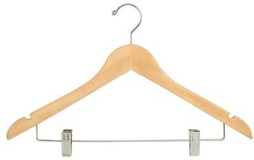Econoco - WH1731CNC - 17inch Natural Wooden Hanger with Metal Bar and 2 clips, with Chrome Hook (Pack of 100)