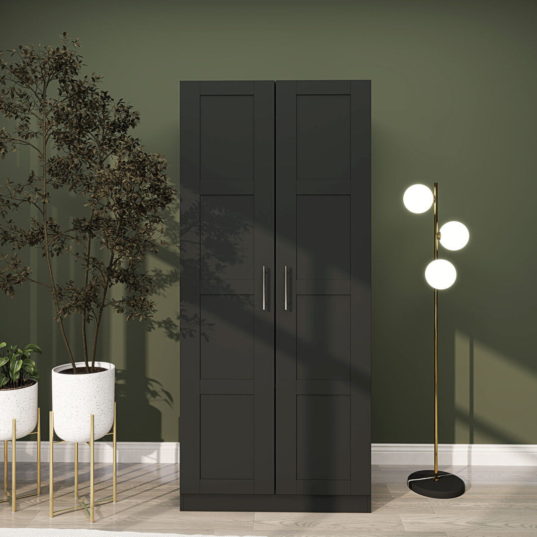 17 Stories Sigunde Wardrobe for Bedroom, Double Wardrobe with Hanging Rail, Black Matte Black 180cm H X 80cm W X 53.5cm D